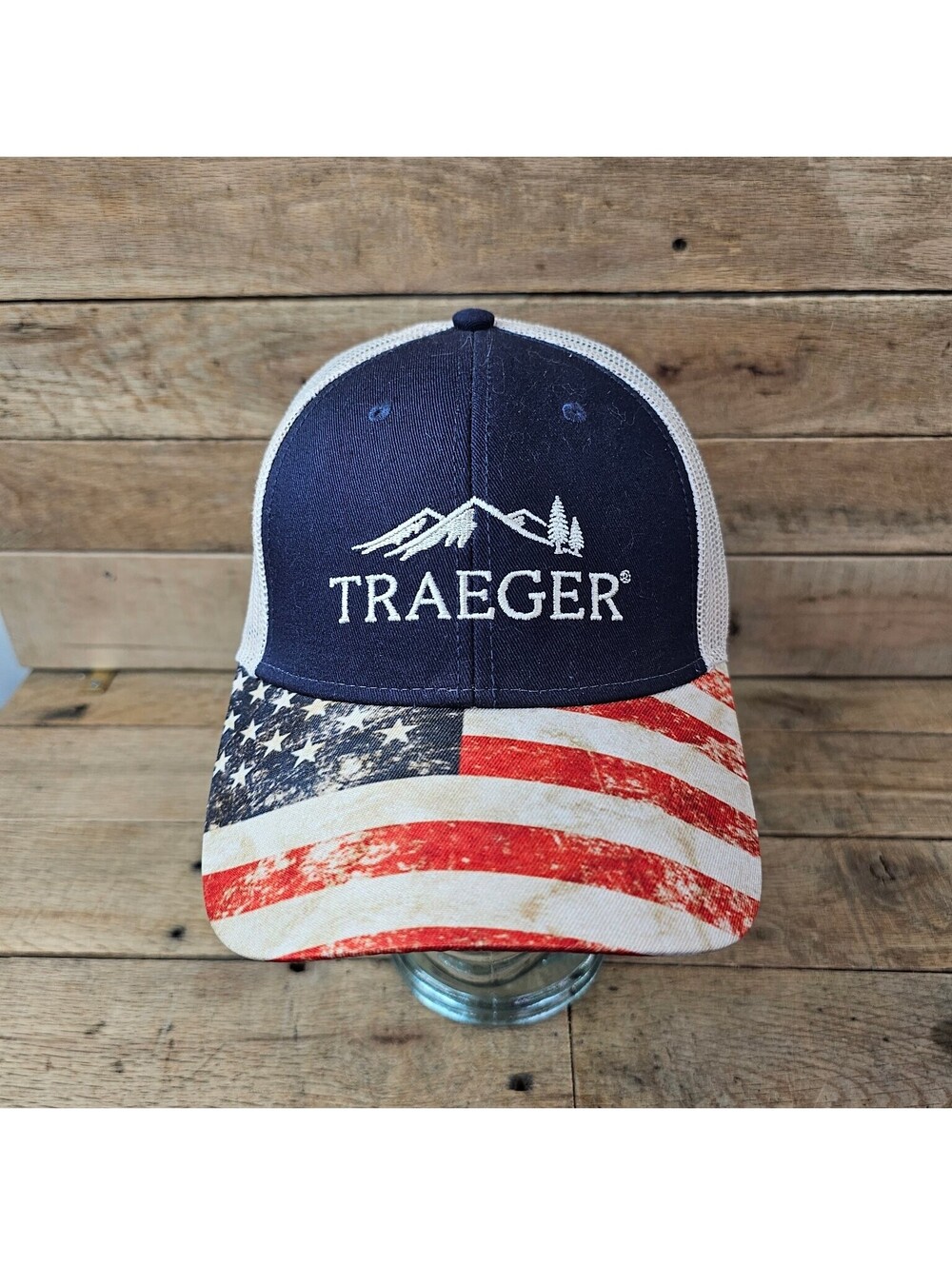 Traeger Grill Smoker Trucker Hat Cap America USA Flag Mountains Adjustable